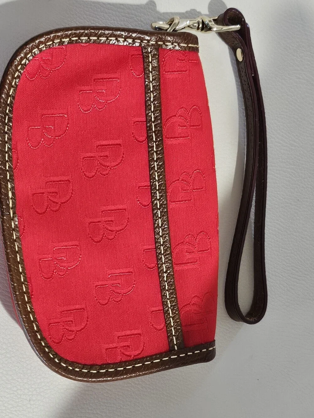 Dooney & Bourke Red Monogram Wristlet Pouch Brown Trim Smal Clutch Wallet.